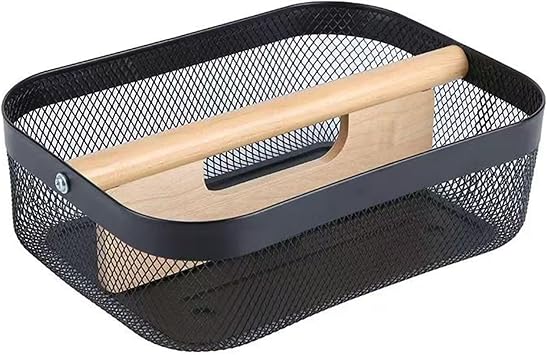 AJIODA Metal Mesh Steel Storage Basket, Garden Harvest Wire Organizer Basket Multi-functional Kitchen Fruit Basket with Wooden Removable Partition & Handle for Bathroom Picnic Decor Cabinet, Black