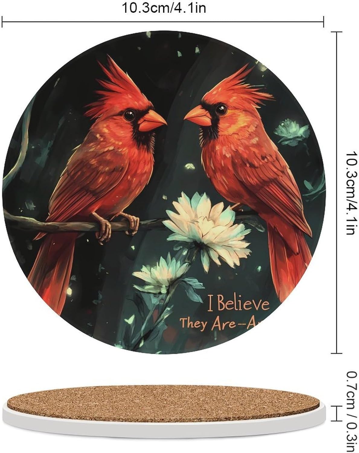Cardinal Birds Coasters for Drink Round Ceramic Coaster with Cork Base Home Decorative 6PCS