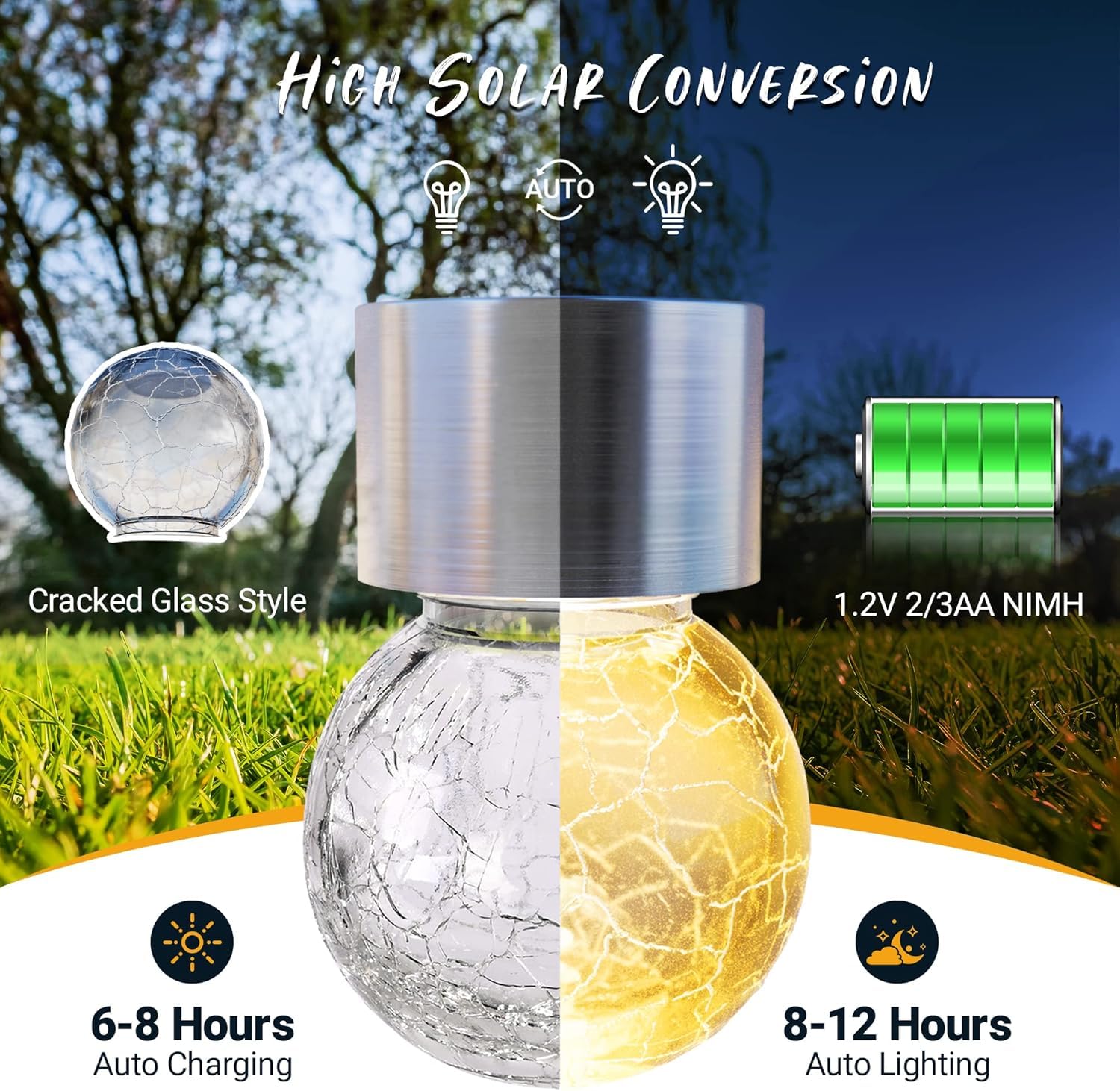 GIGALUMI Paquete de 12 luces solares para exteriores, luces solares colgantes para decoración de Navidad, luces solares de vidrio agrietado para exteriores, impermeables, para jardín, patio, valla,