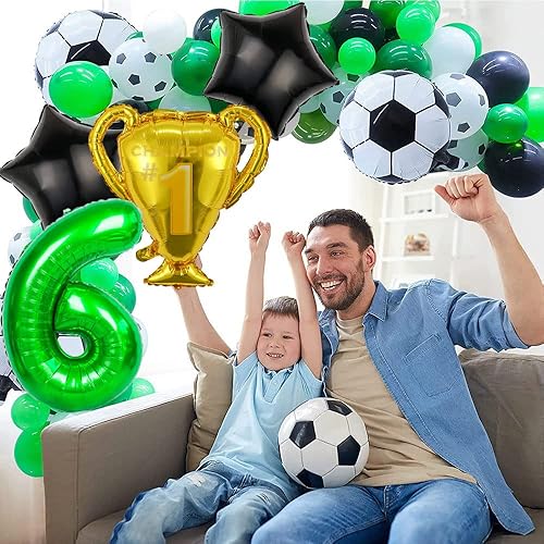 Miniatura 4 de Juego de globos de fútbol de la Copa de Campeón de Fútbol, 18 globos de fútbol de aluminio verde número 8 para decoración de fiesta de cumpleaños de