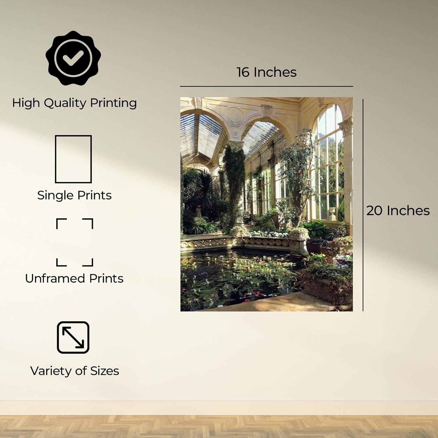 InkFlow Posters Sunlit Conservatory Pond Poster - Greenhouse Botanical Photography - Serene Wall Art for Living Room, Bedroom, Home - Timeless Garden Decor - 16x20 Unframed Canvas Print