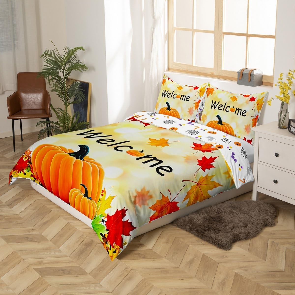 Autumn Maple Leaves Duvet Cover Fall Harvest Pumpkin Comforter Cover Twin Size For Kids Teens Adult, Happy Thanksgiving Day Bedding Set Farmhouse Rustic Bed Set With 1 Pillow Case, Gold Yellow