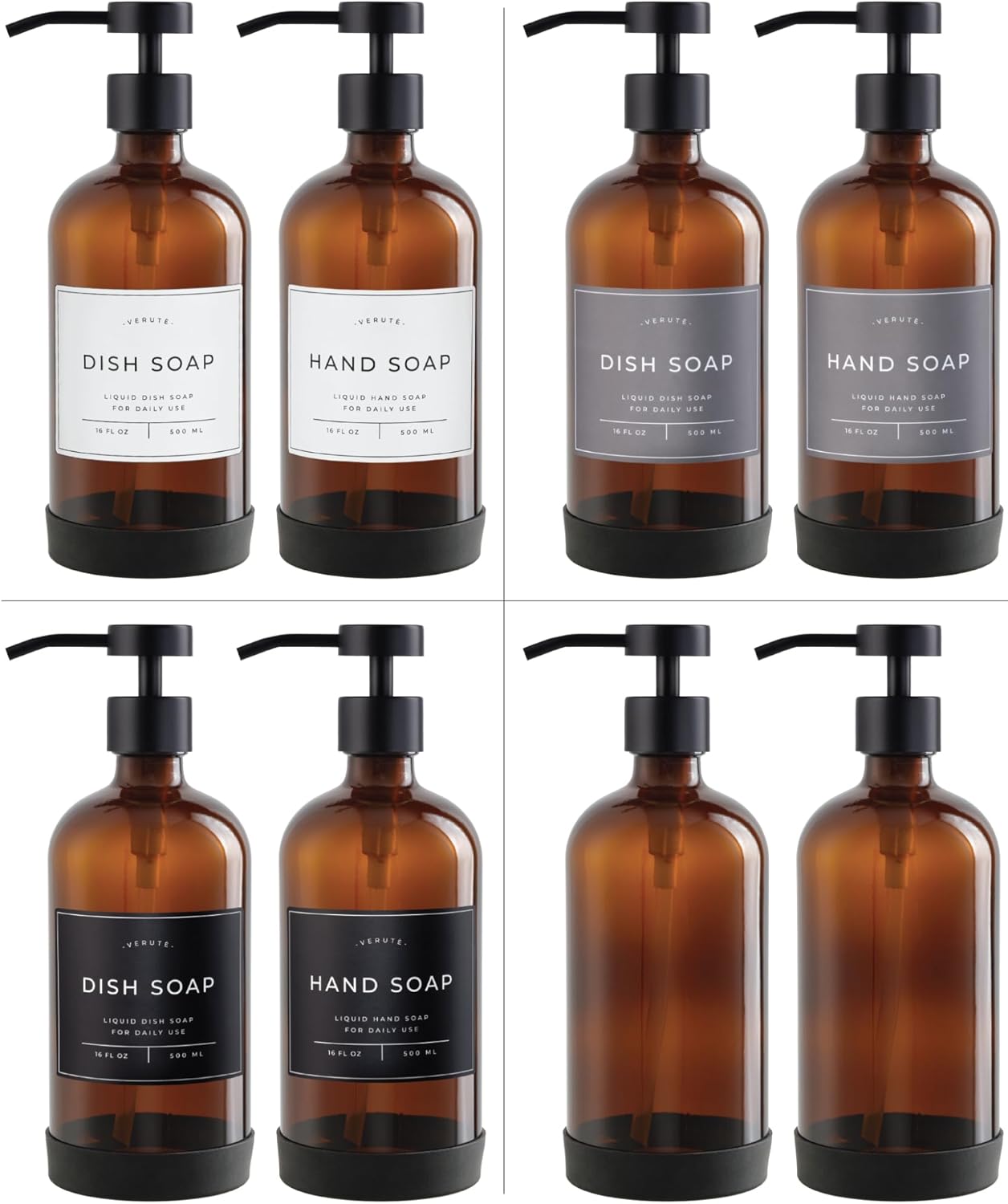 Hand and Dish Soap Dispenser for Kitchen and Bathroom, Set of 2 16 Oz Glass Bottles, Stainless Steel Pumps, Non-Slip Silicone Base, 27 Waterproof Labels (Amber Bottle/Black Pump) - Image 5