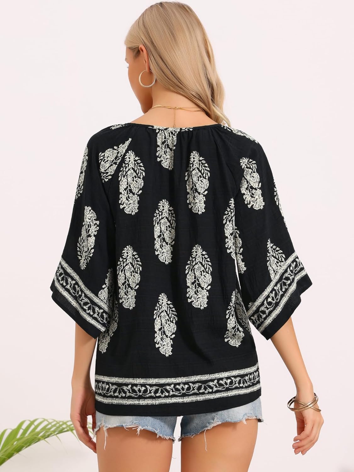 Allegra K Boho Tops for Women Summer 3/4 Sleeve V Neck Vacation Bohemian Peasant Casual Loose Blouses - Image 2
