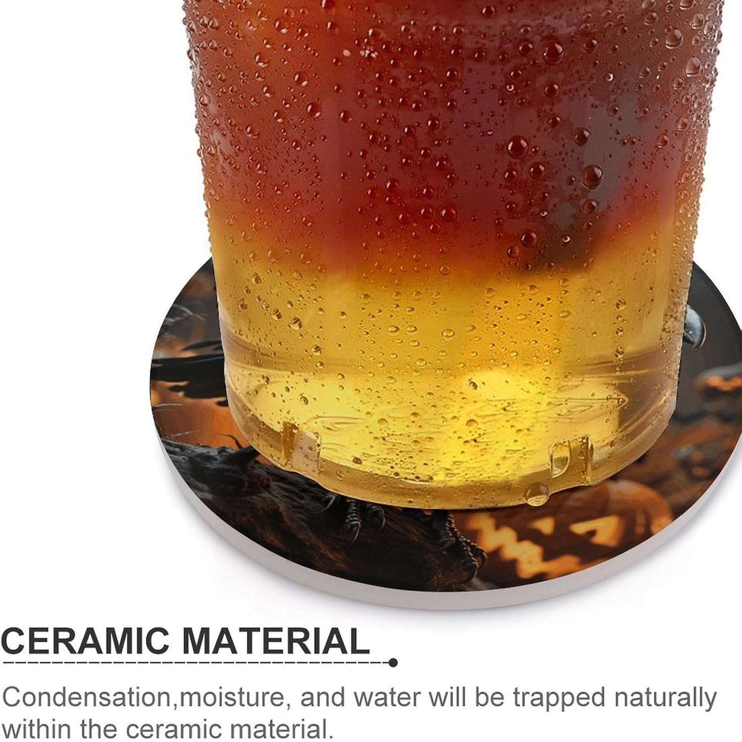 6PCS Frightening Halloween Crow Coasters Non-Slip Round Drink Coasters with Ceramic Stone and Cork Base, Heat Resistant Absorbent 33.00Stone Coaster Set for Kinds of Mugs and Cups, 4 Inch