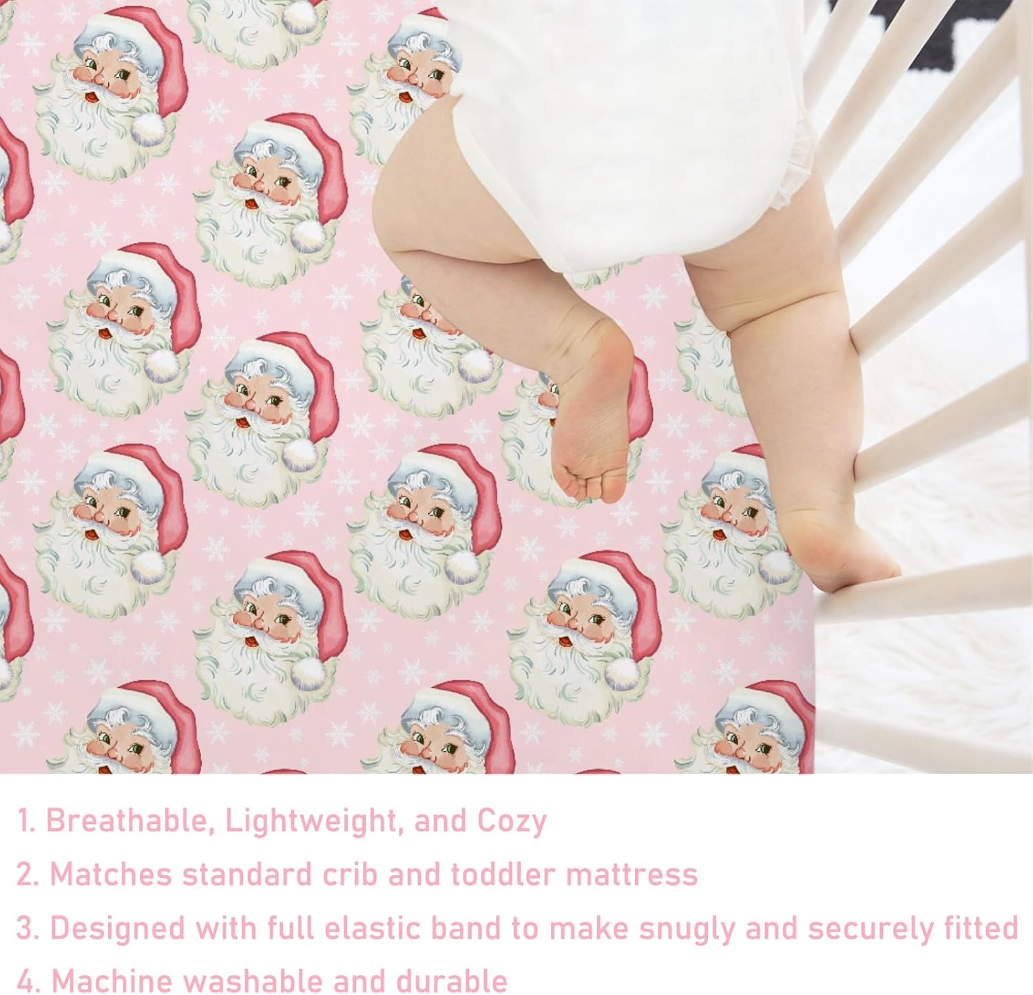 Merry Christmas Santa Claus Baby Crib Sheets 52''x28'' Winter Xmas Snowflakes Pink Stretchy Fitted Crib Mattress Sheet for Boy Girl Soft Nursery Bed Sheets for Standard Crib and Toddler Mattress
