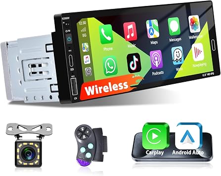 6.86 Inch Single Din Wireless CarPlay Car Stereo, Touch Screen Android Auto Radio with Mirror Link, Bluetooth 5.0 Audio Receiver with FM/RDS, EQ, Power-Off Memory,TF/USB/SWC + Rear View