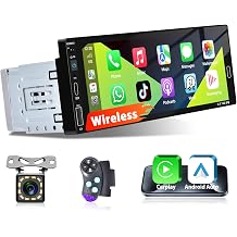 6.86 Inch Single Din Wireless CarPlay Car Stereo, Touch Screen Android Auto Radio with Mirror Link, Bluetooth 5.0 Audio Receiver with FM/RDS, EQ, Power-Off Memory,TF/USB/SWC + Rear View