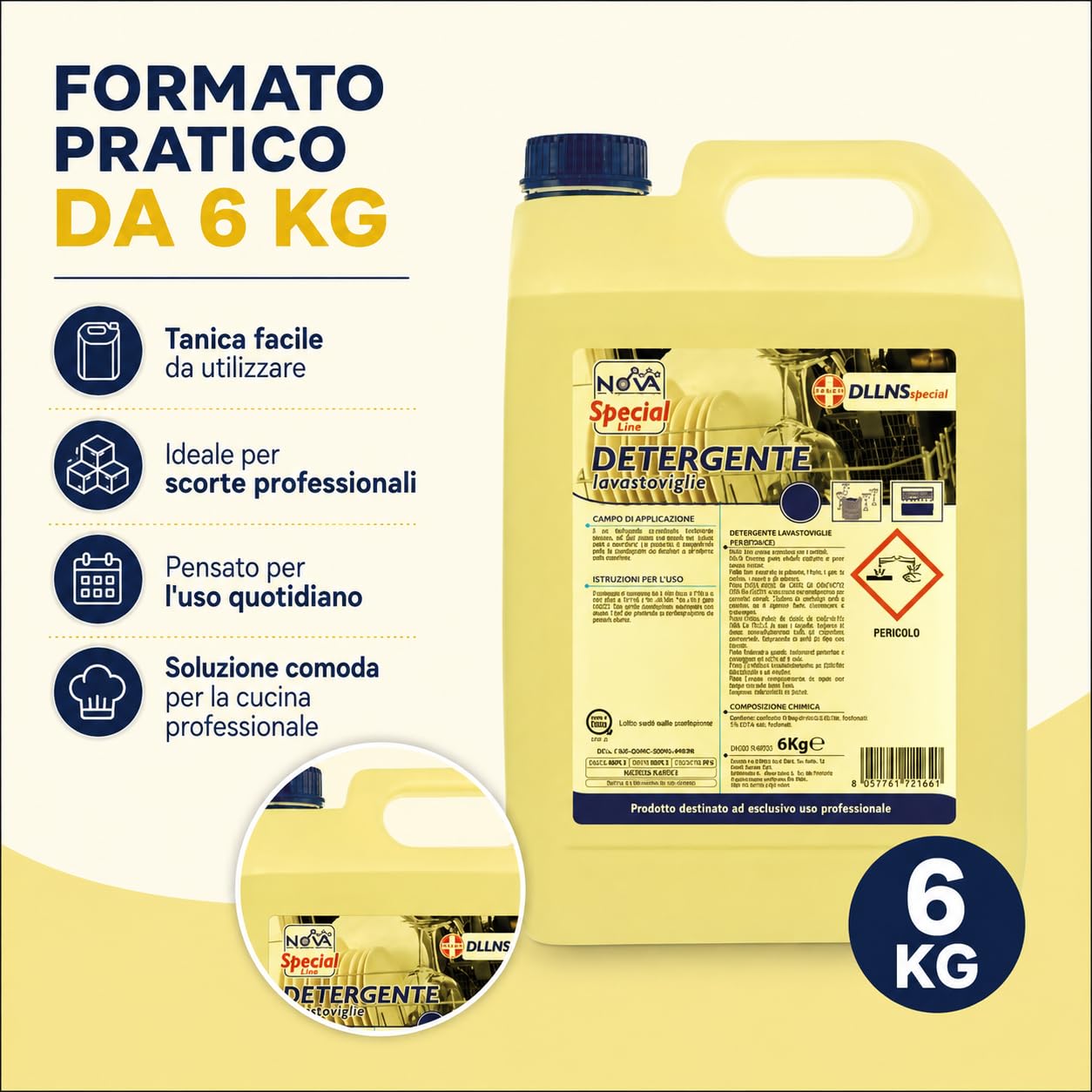 Detergente Lavastoviglie Professionale Liquido, 4 Taniche da 6 kg, Detergente Concentrato per Acque Dure, Pulizia Stoviglie per Ristoranti, Hotel, Bar e Cucine Professionali