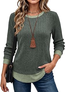 WIHOLL Womens Long Sleeve Shirts Fall Outfits Lightweight Sweaters 2026 | 2-in-1 layered look, loose fit, color block, fashion clothing, trendy tops, dressy casual, school teacher outfits