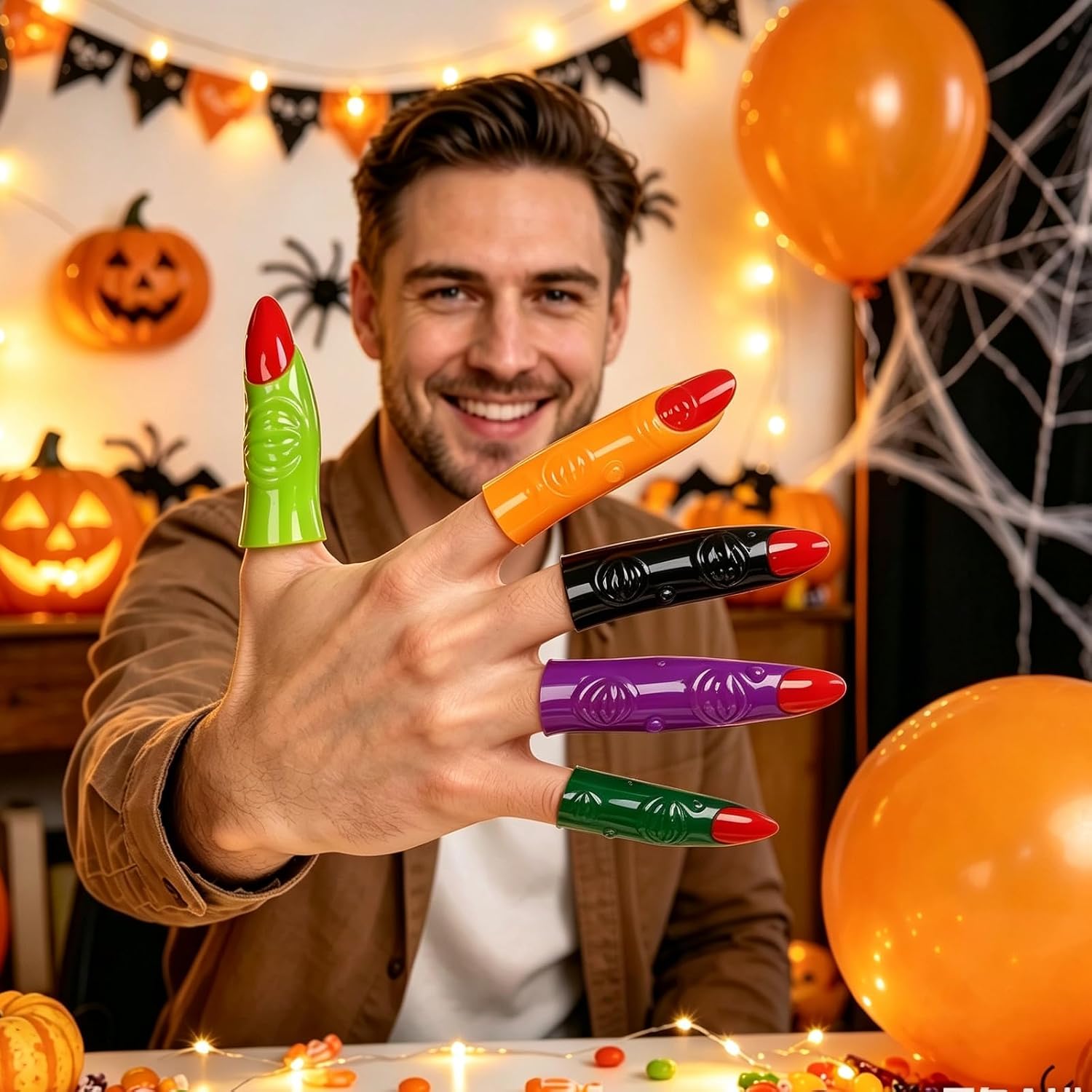 RONYOUNG 105PCS Plastic Fake Witch Fingers, 5 Colors, Halloween Costume Accessory for Kids, Party Cosplay, Glow in the Dark
