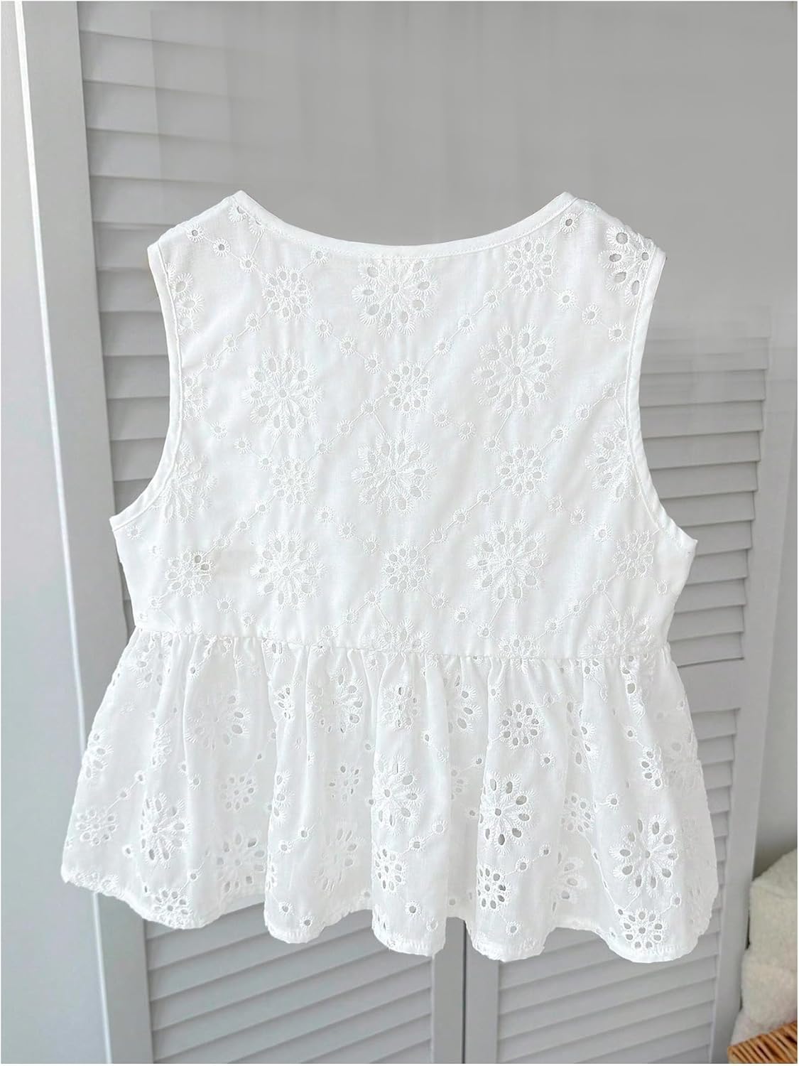 SweatyRocks Girl's Bow Tie Front Eyelet Embroidery Sleeveless Blouses Cute Ruffle Tank Top - Image 2