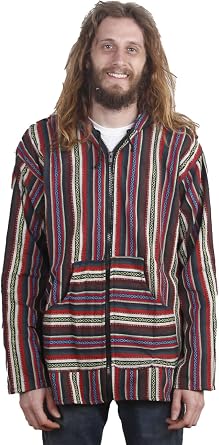Sunshine Joy Woven Baja Style Zip Up Hoodie Hooded Jacket Multi Stripe