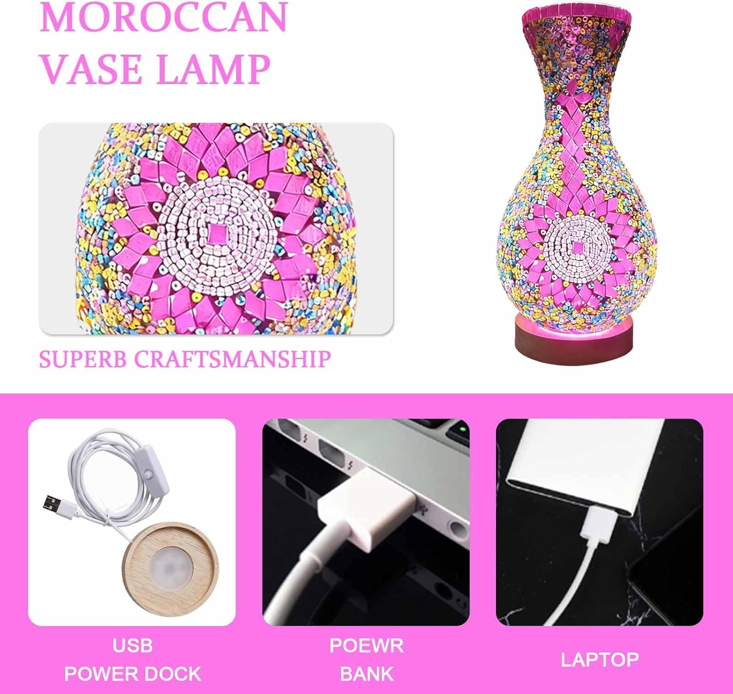 Holiday Gift Turkish Moroccan Vsae Table Lamp - USB Power Table Lamp for Bedside Comfort Creating a Entryway or Adding Magic to Bookcase Displays Stained Glass Art-USB Charge（5.11in*11in）