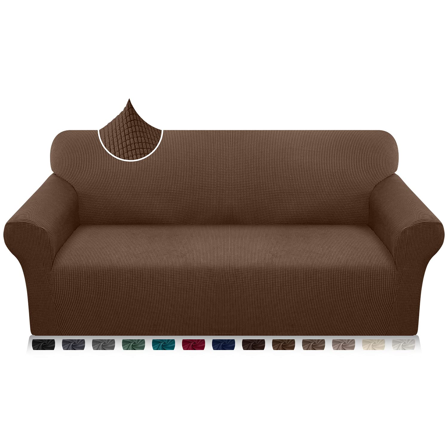 Luxurlife Super Stretch Sofa Cover 1 Piece Universal Couch Cover for Dogs Cats Elastic Jacquard Sofa Cover with Armrests (4 Seater, Coffee)