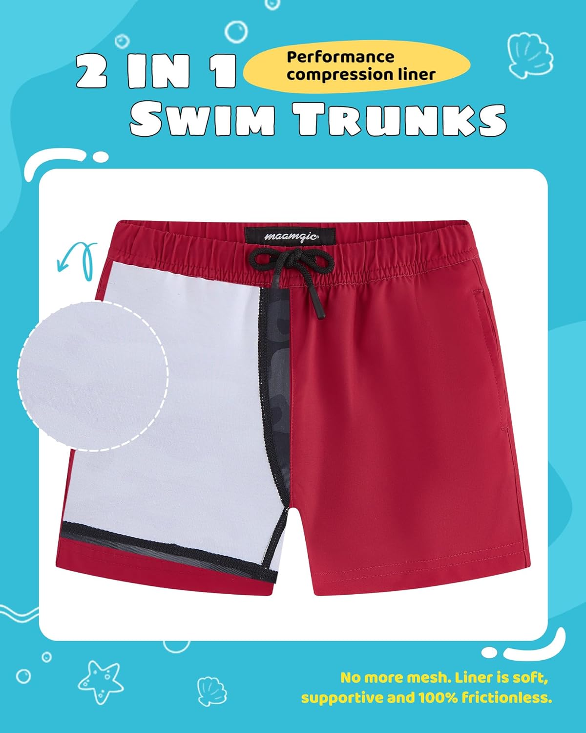 maamgic Boys Swim Trunks with Compression Liner Toddler Stretch Swim Shorts