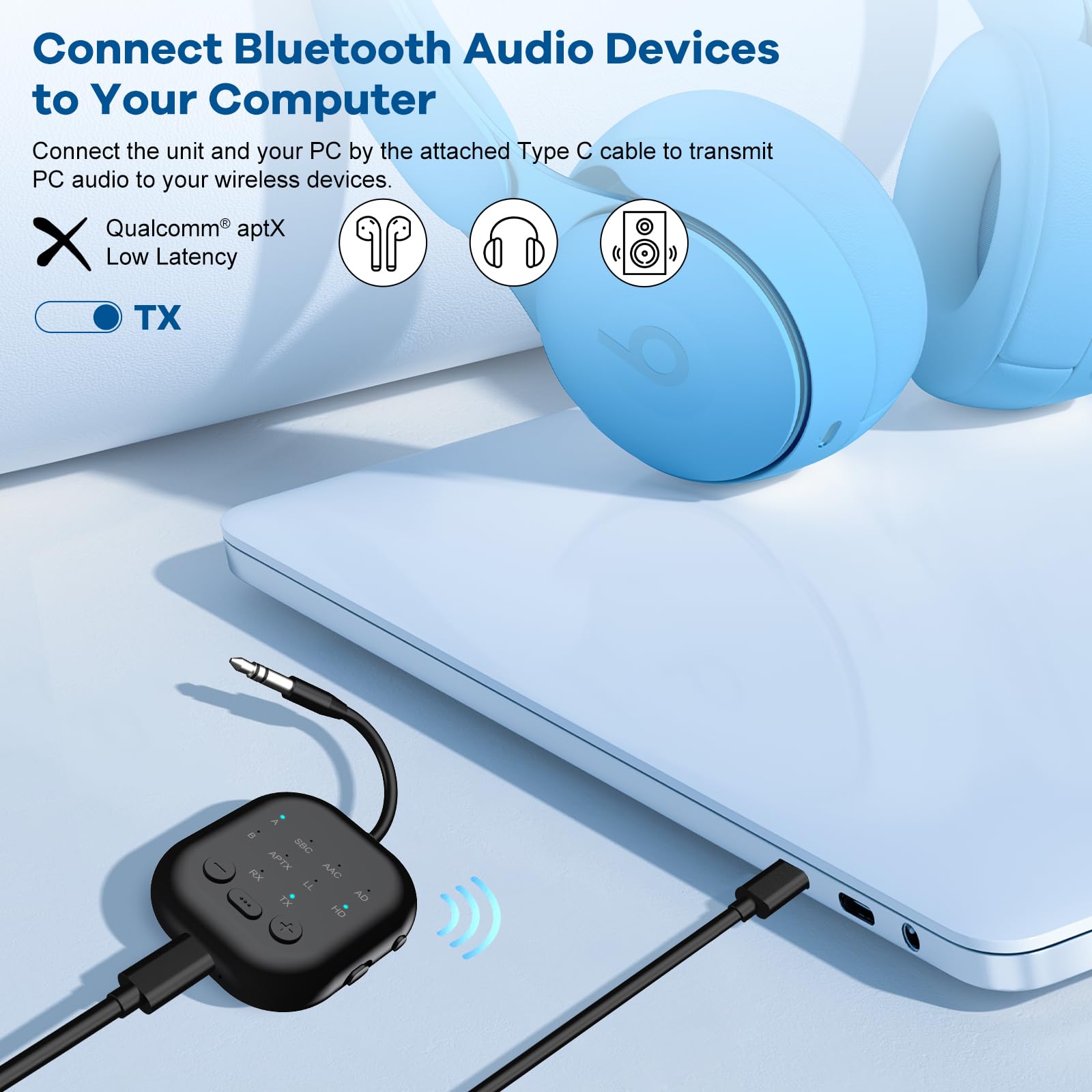 eppfun Transmisor Receptor Bluetooth 5.3 para TV, APTX-Adaptive Adaptador Audio Bluetooth con AUX 3,5mm Jack para PC/Televisión/Altavoces/Avion