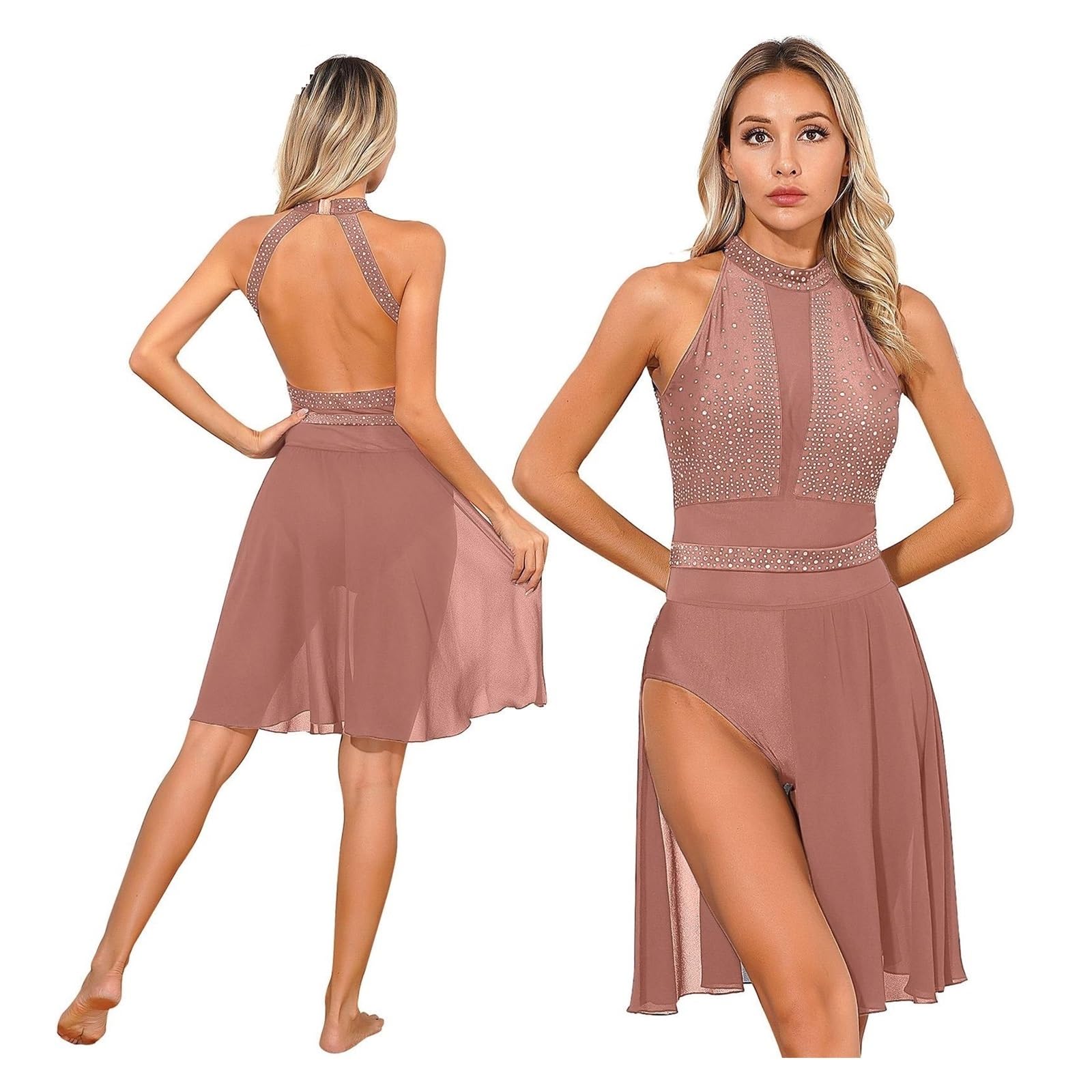 Danza Lírica Contemporánea Vestido Vestido de baile lírico for mujer, sin mangas, con diamantes de imitación y Espalda descubierta, vestidos de leotardo de malla, patinaje de Ballet, traje de actuació