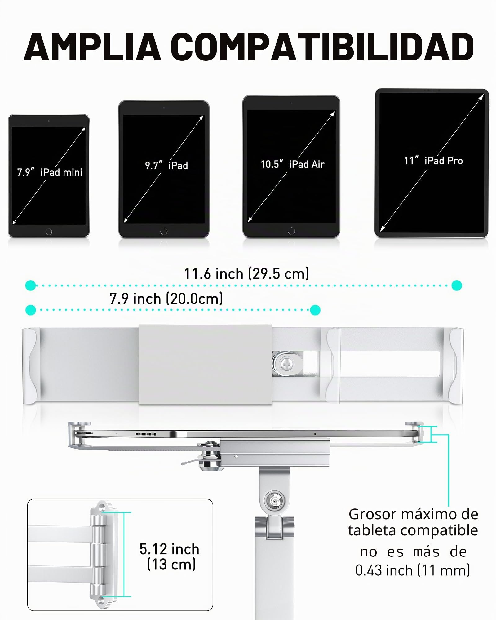 AboveTEK Soporte de Pared para Tablet Antirrobo - Compatible con Tablets de 7 a 11 Pulgadas, Incluyendo iPad, Galaxy Tab, Slate, Fire y Más - Brazo Largo Articulado Ajustable con Rotación (Plata).