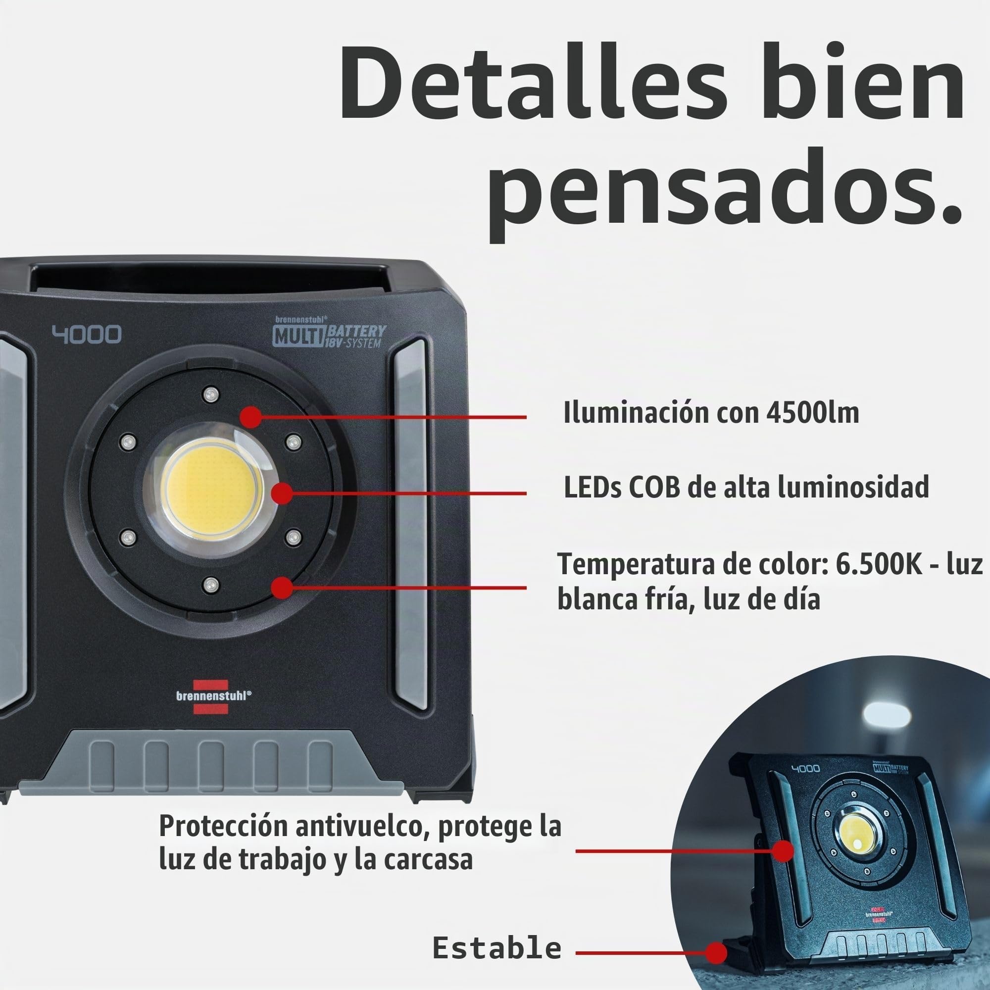 Brennenstuhl Professional Multi Battery foco LED a batería 4000 MA (40W, 4500lm, IP65, foco de obra compatible con baterías de 18V de 10 fabricantes diferentes, sin batería)