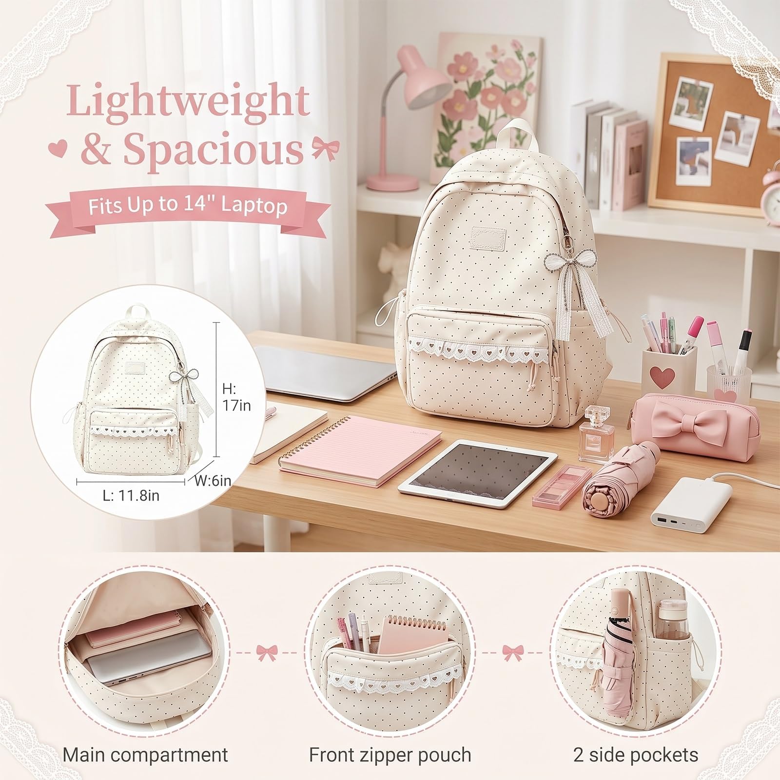Zaino Da Donna In Nylon A Pois, Borsa Y2K Carino Per Laptop Libri, Zaino Da Viaggio Legero E Capiente, Borsa In Nylon Impermeabile Con Multi Scomparti, Zainos Casual Per Tutti I Giorni(Bianco)