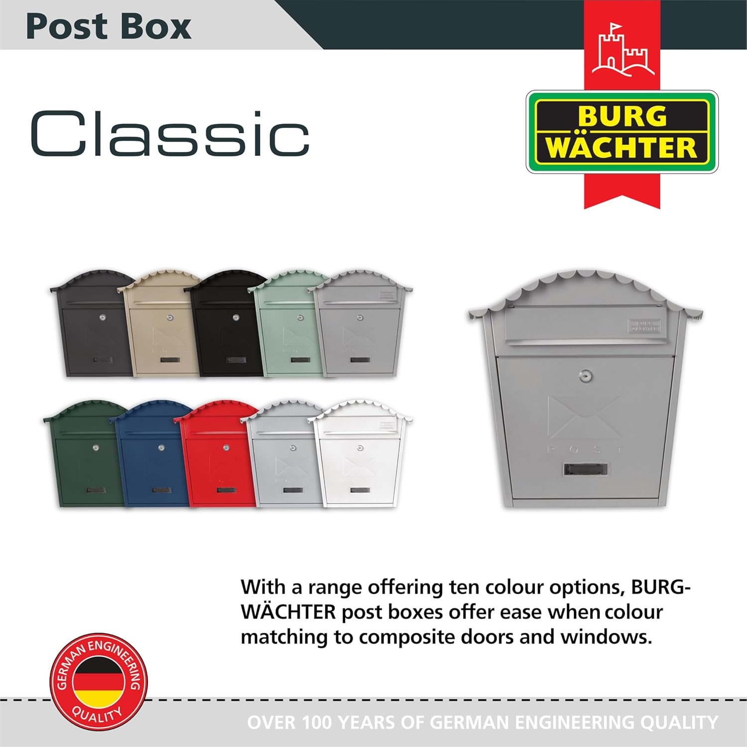 Burg-Wachter MB01FG French Grey Classic Wall Mounted Galvanised Steel Lockable Weatherproof Post Box - 36x37x13cm