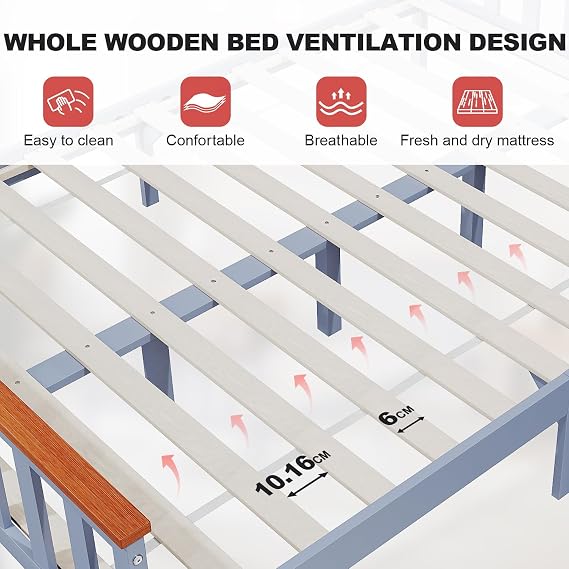 4ft6 Double Bed Frame Solid Pine Wood Bed with Headboard and Footboard, Perfect For Adults Kids Teenagers Fitted Slats Strong Support Legs with Smooth Finish, Grey