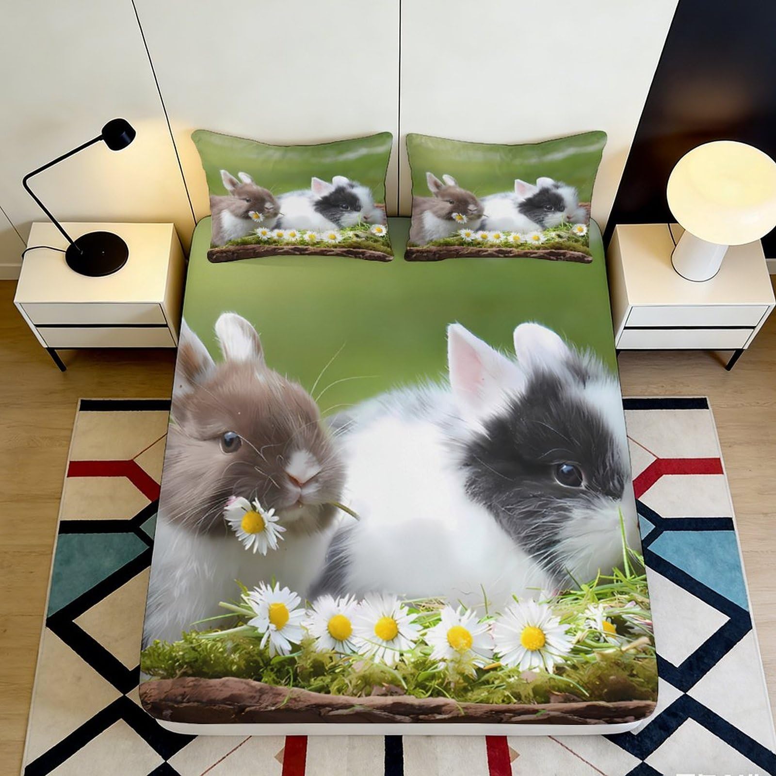3D Printed Bunny Meadow Fitted Sheet Microfiber Soft Breathable Rabbit Blossom Mattress Cover Bedroom Decor 90x200x25cm