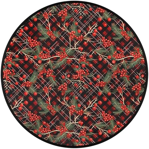 Miniatura 2 de Plaid Christmas Holly Poinsettia Flower03 Round Area Rug 3ft Machine Washable Circular Rugs for Dining Room Table Bedroom Playroom Throw Rugs for