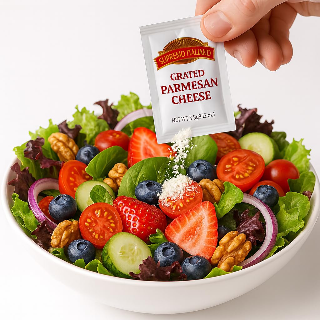 Italiano Natural Grated Parmesan Cheese Packets, 80 Count, restaurant quality, shelf-stable, no refrigeration, sealed, perfect for pizza, pasta, salads, lunch, takeout, food service.