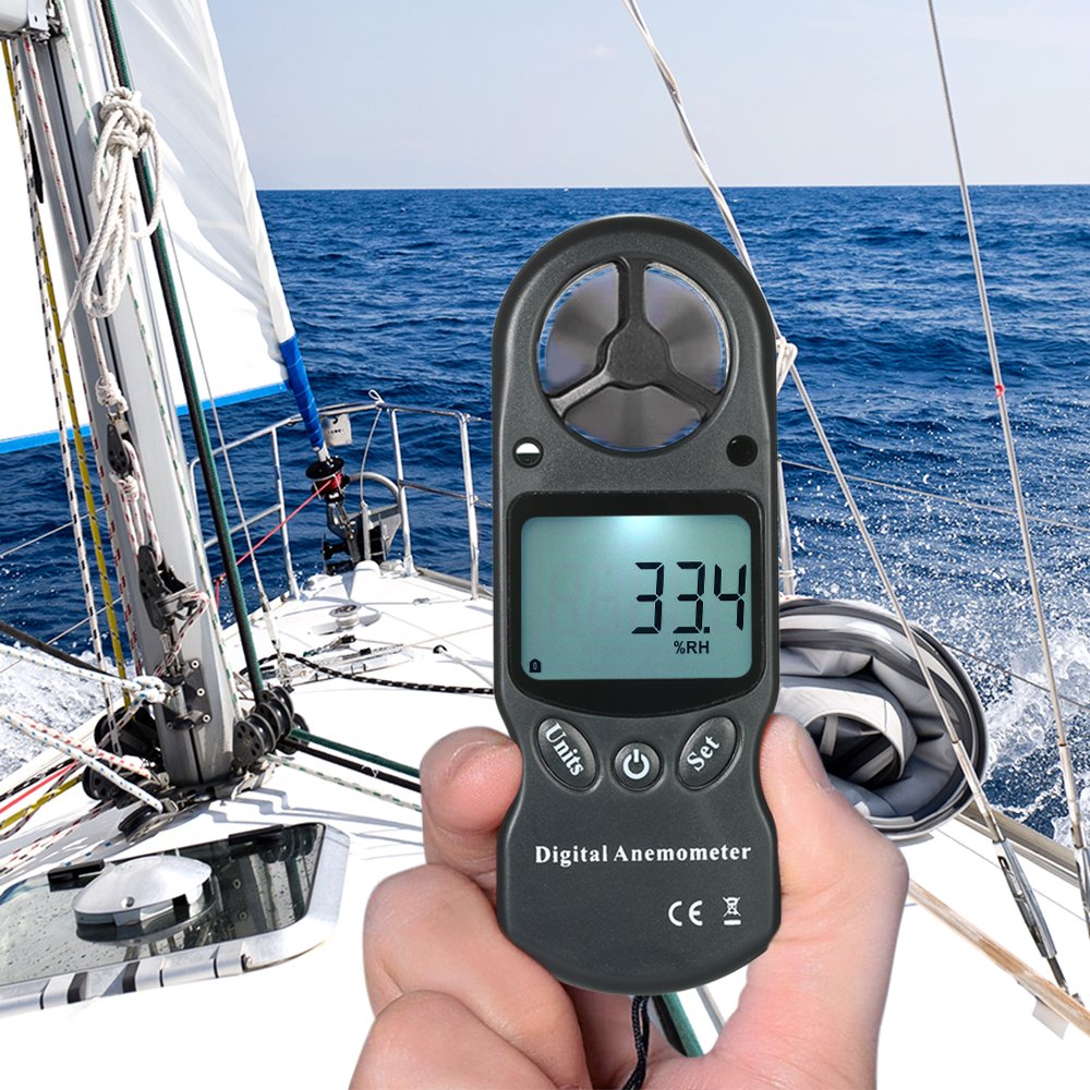 Irfora Anémomètre numérique portable 8 en 1 - Vitesse du vent/température/humidité/vent chill/indice de chaleur/point de rosée/pression atmosphérique/altitude avec éclairage LCD de fond - Noir