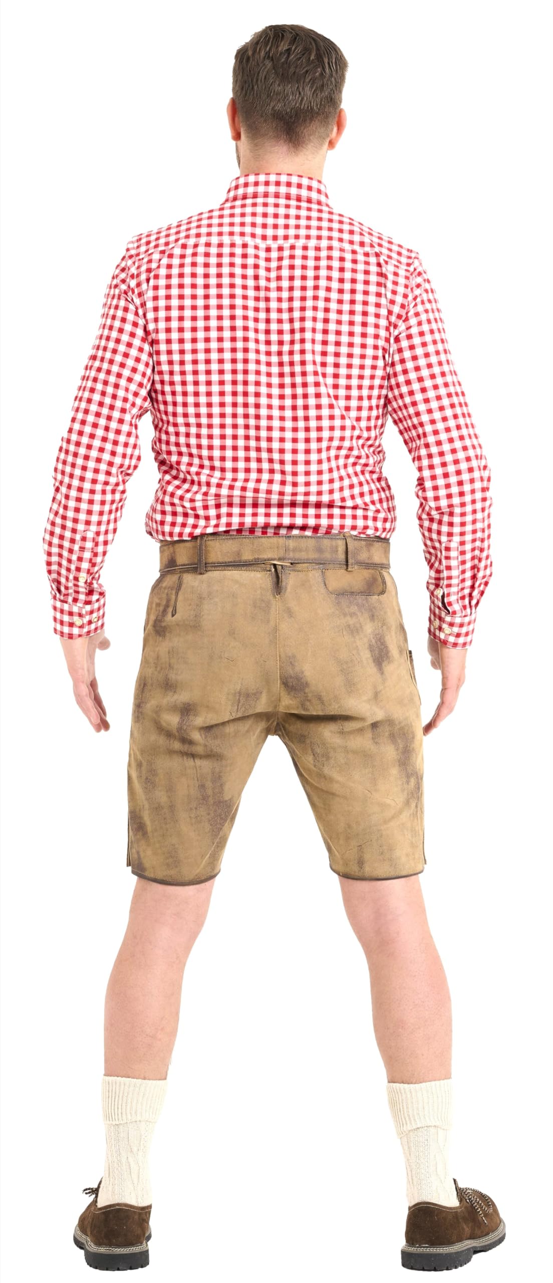 Premium Trachten Lederhose Herren kurz mit Trachtengürtel, echtes Vollleder (Full Grain), antiker Look, edle Stickereien, Oktoberfest, Größen 44–60