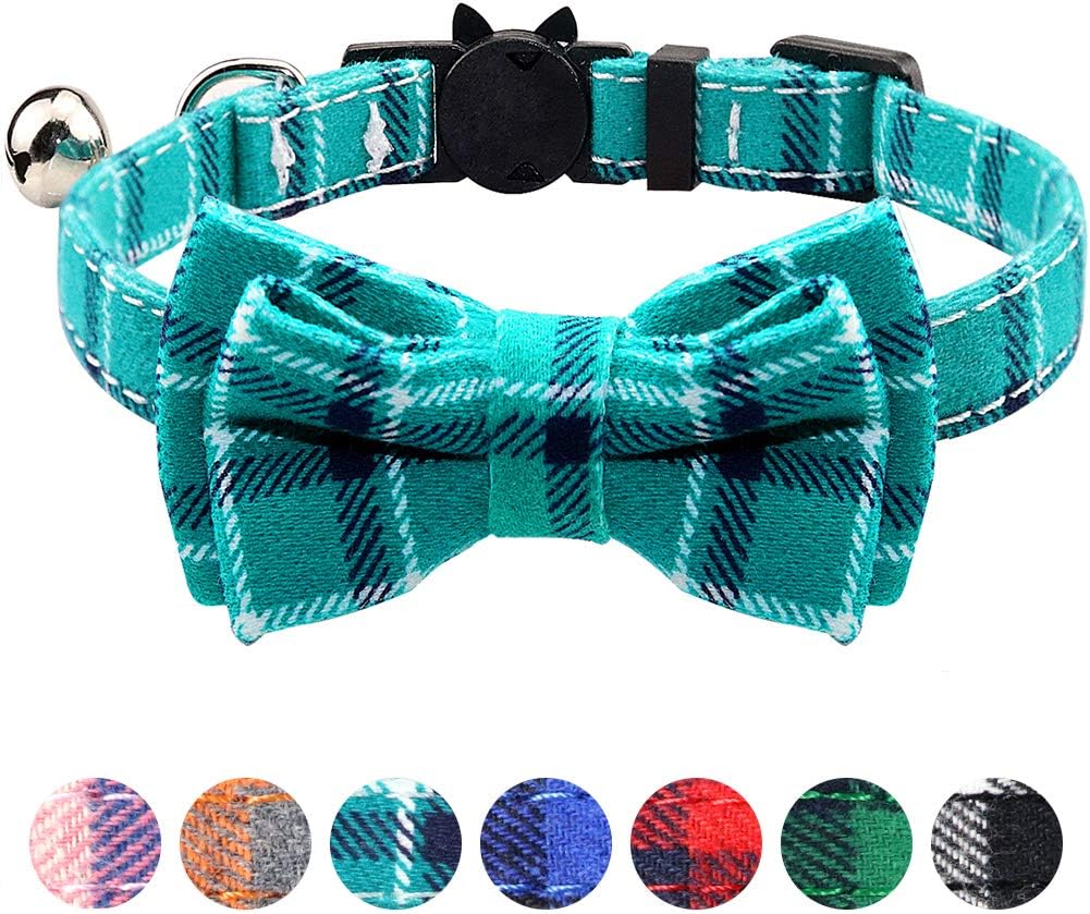 TagME Breakaway Cat Collar, Cat Safety Collar with Cute Bow Tie & Bell, Plaid Design Adjustable for Kitty 1 Pack, Teal