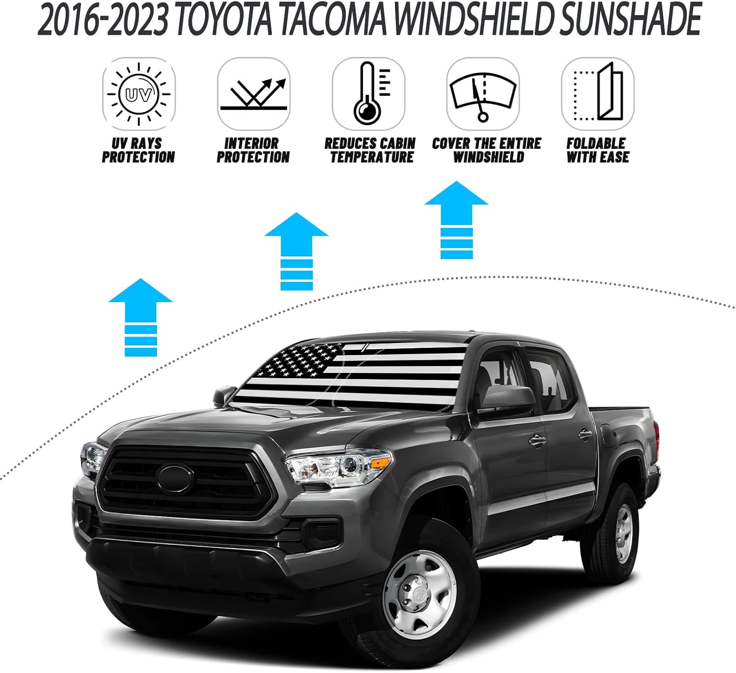 D-Lumina Windshield Sun Shade for 2016-2023 Toyo-ta Tacoma Accessories, Front Window Sunshade American Flag Sun Visor Protector Sun Shield Block UV Rays Heat, Foldable 2 Layers 210T Material