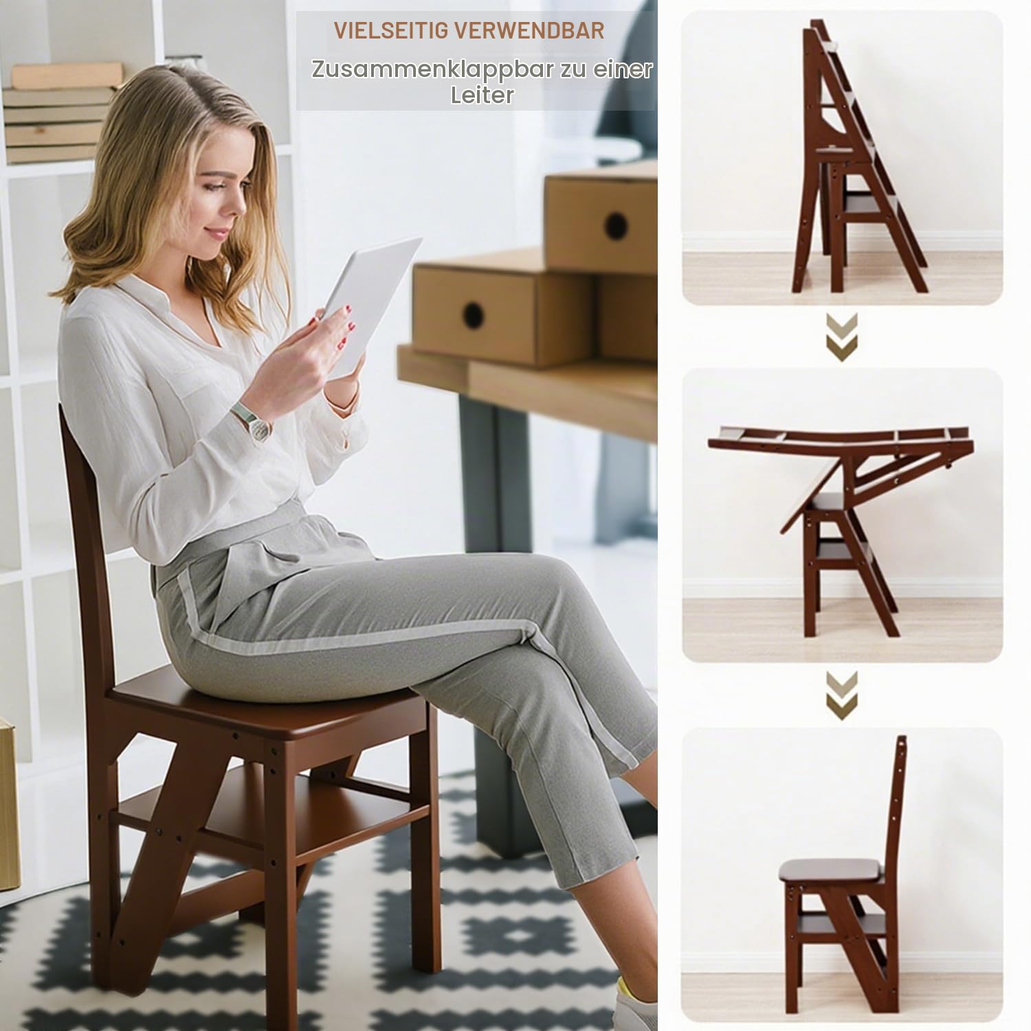 Massivholz 3-in-1 Klappleiter-Stuhl, umwandelbarer Trittstuhl & Ausstellregal, 4-stufige Multifunktionsleiter, doppelte Verwendung für Zuhause, Küche, Bibliothek (Walnussfarbe, 46)
