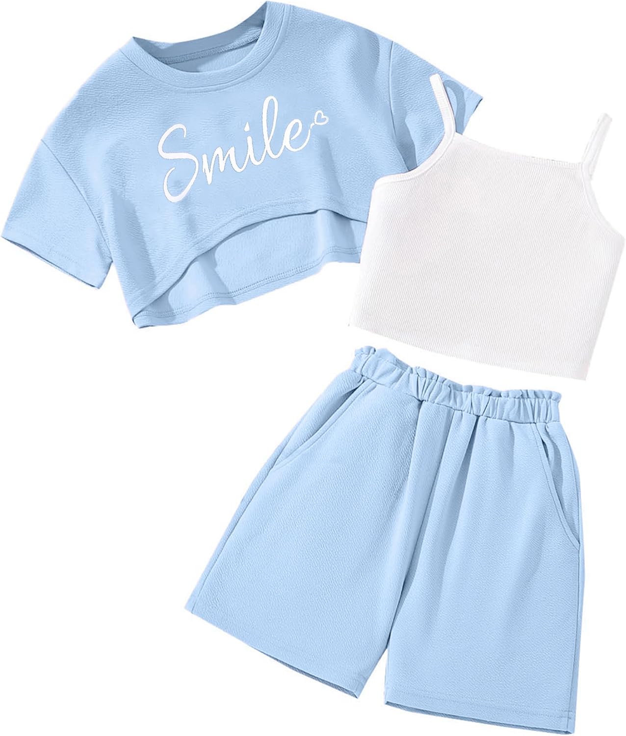 Girls Summer 3 Piece Clothes Short Sleeve Graphic Crop Top and Shorts Outfits Set