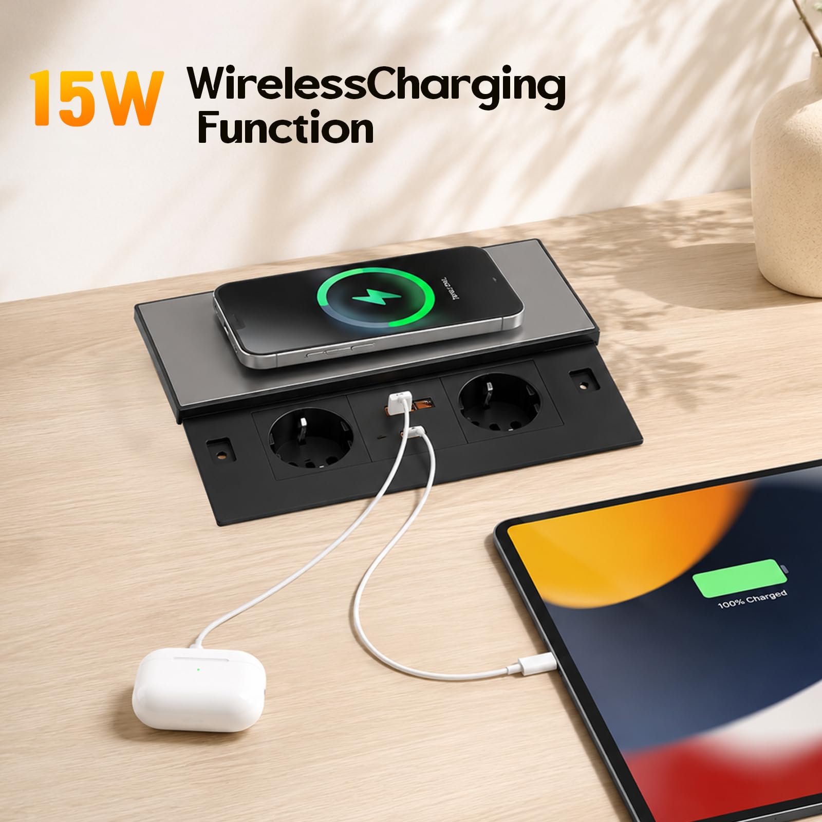 Base de enchufe de aluminio empotrable, con 2 enchufes euro, 1 USB-A, 1 USB-C PD 30W, carga inalámbrica, cable de 1,8 m, enchufe de mesa retráctil para cocina, escritorio y oficina
