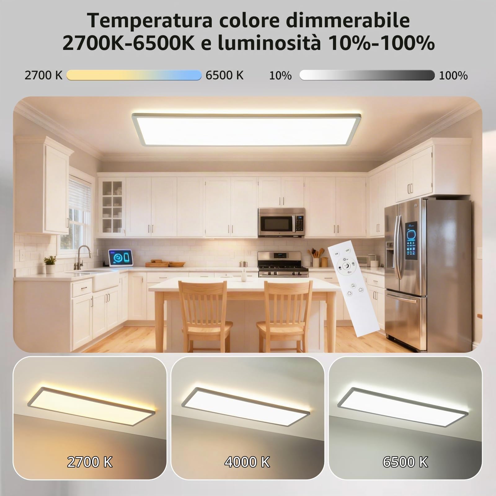 LEZOE Plafoniera LED dimmerabile con telecomando, 58x20x2,8cm, 23W 3000LM (136lm/W), 2700K-6500K, Lampada LED, pannello luminoso da soffitto per ufficio, cucina, soggiorno, camera da letto, bagno