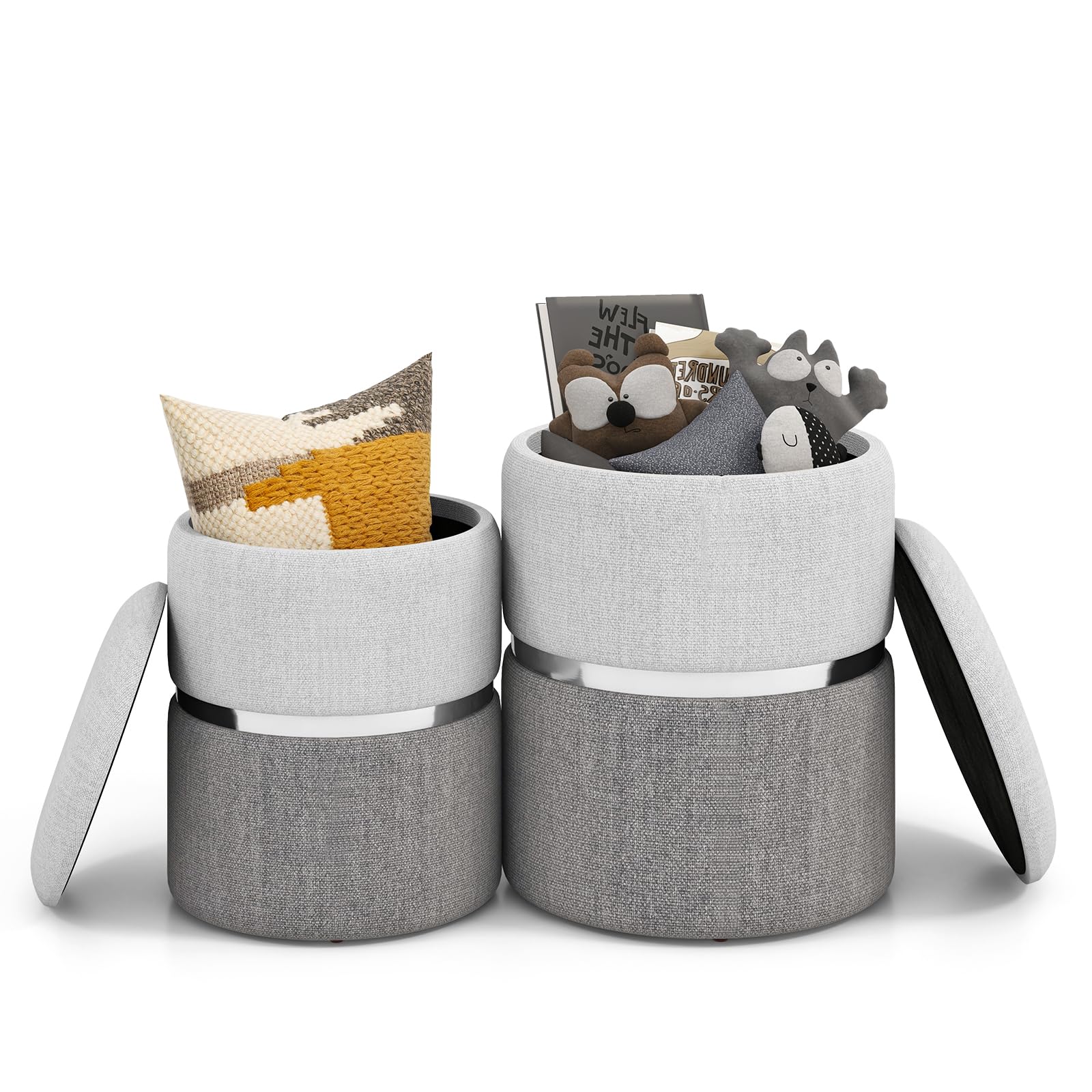 HOMASIS Juego de 2 Puff Redondos con Almacenamiento, 35x45cm / 30x39cm, Taburete Reposapiés en Terciopelo Bicolor, Taburete Acolchado con Tapa para Salón, Dormitorio, Entrada, hasta 150 kg (Gris)