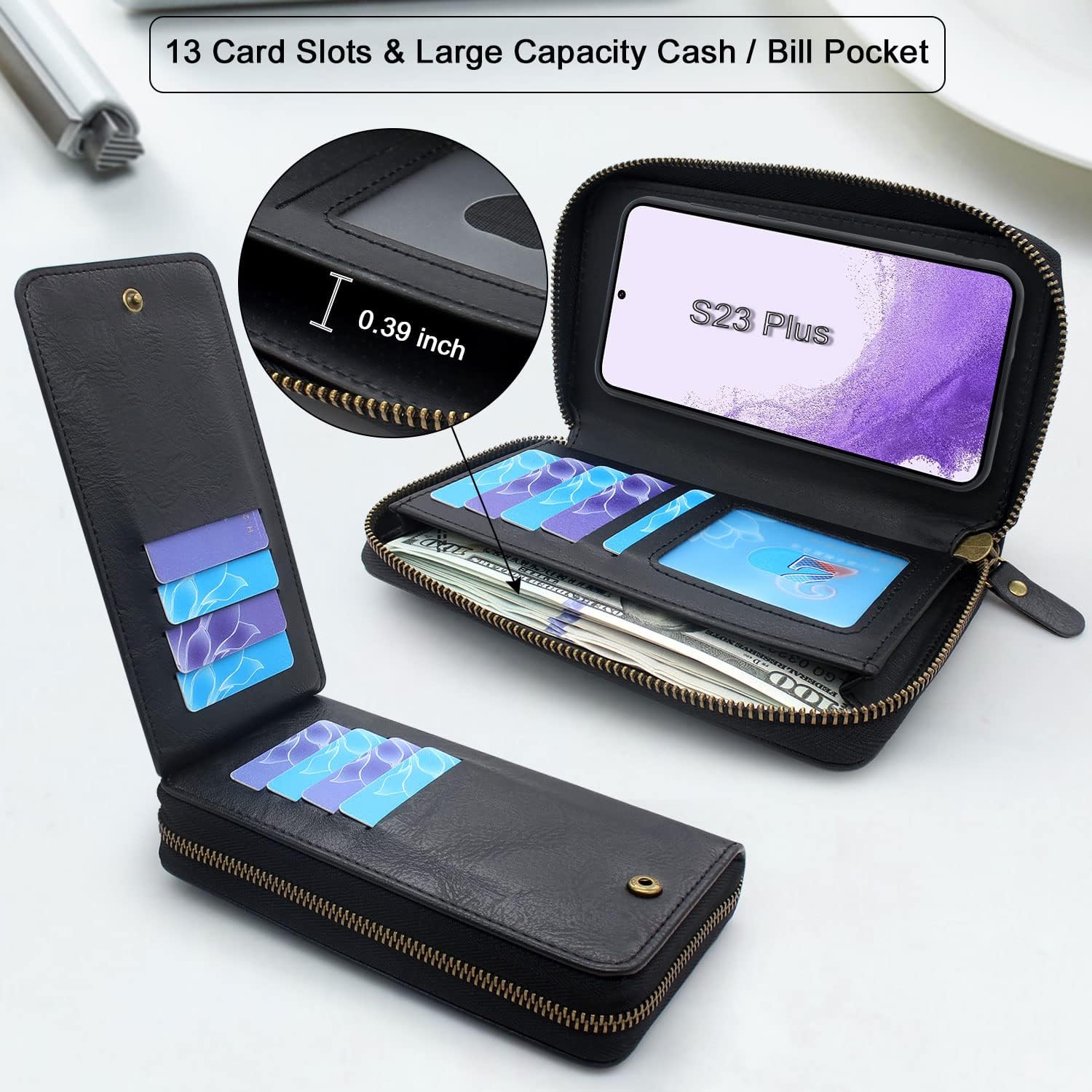 Lacass for Samsung Galaxy S23+ Plus 5G 6.6 inch 2023 Crossbody Dual Zipper Detachable Magnetic Leather Wallet Case Cover Wristlets Wrist Strap 13 Card Slots Money Pocket (Black)