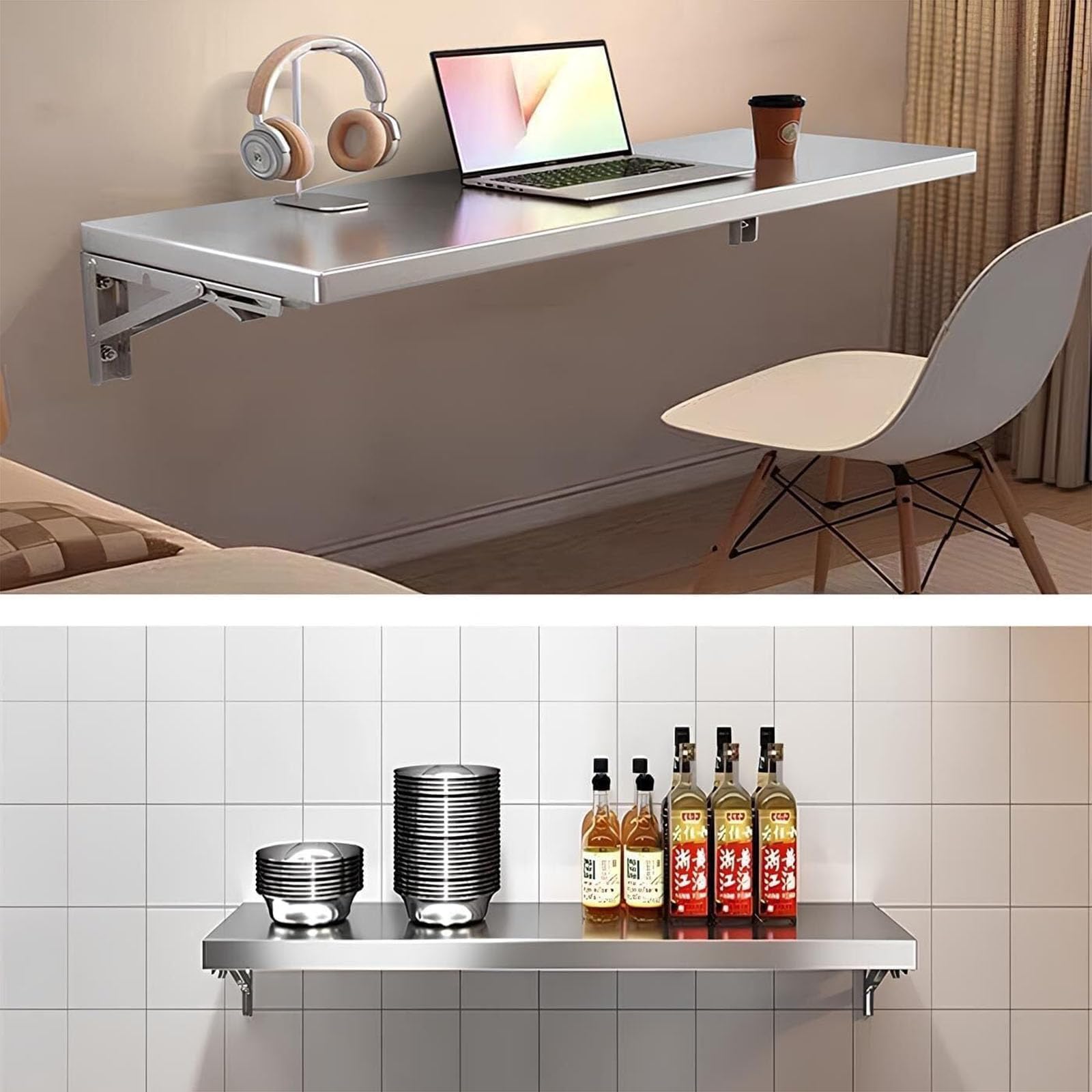 Mesa plegable de pared de acero inoxidable, diseño que ahorra espacio para cocina o comedor, 50 x 30 cm, ideal para espacios de vida compactos