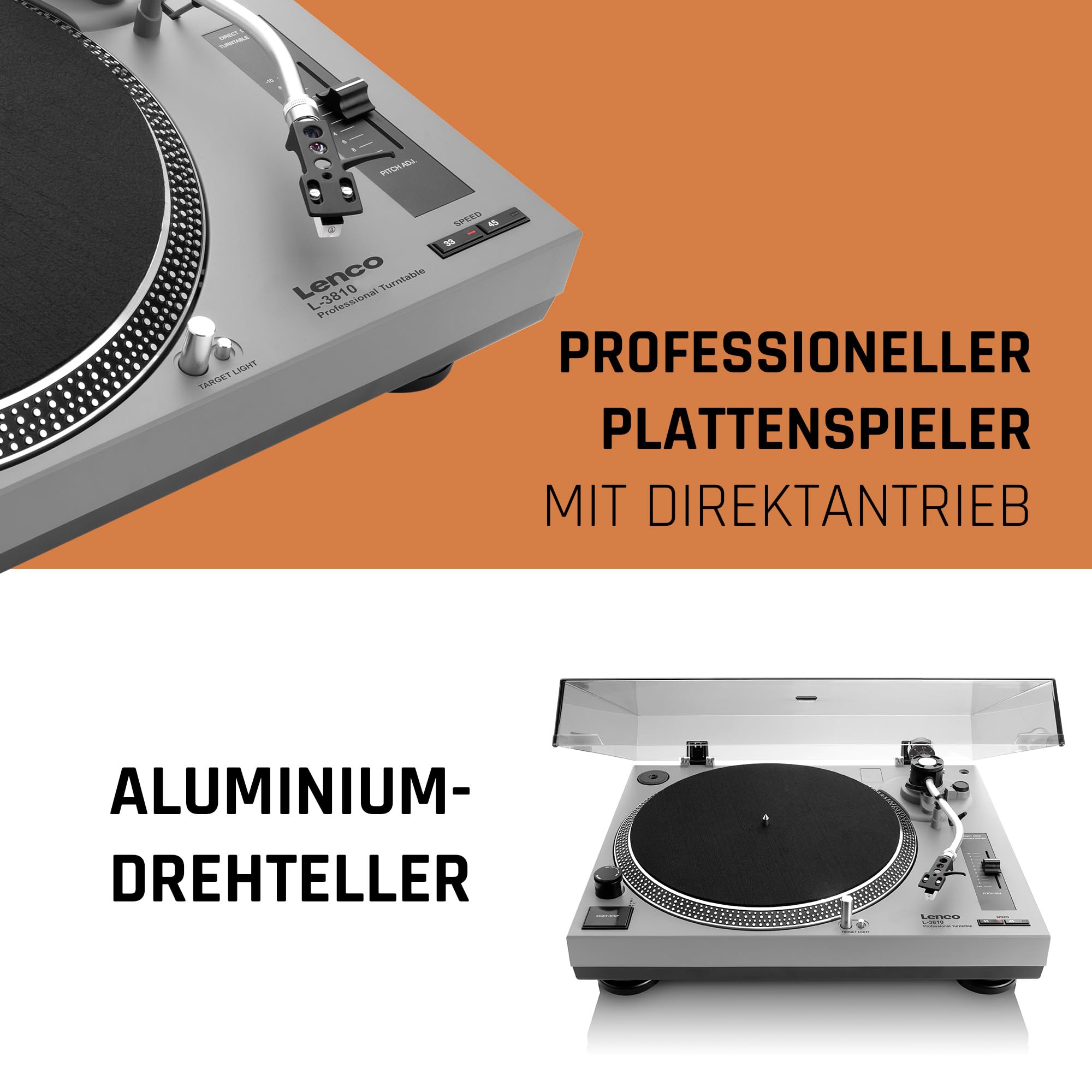 Lenco L-3810GY - Plattenspieler - Schallplattenspieler - Vinyl Player | L-3810 - 33/45 U/min - Pitch-Control - Magnet-Tonabnehmer-System - Nadelbeleuchtung - Pitch-Control
