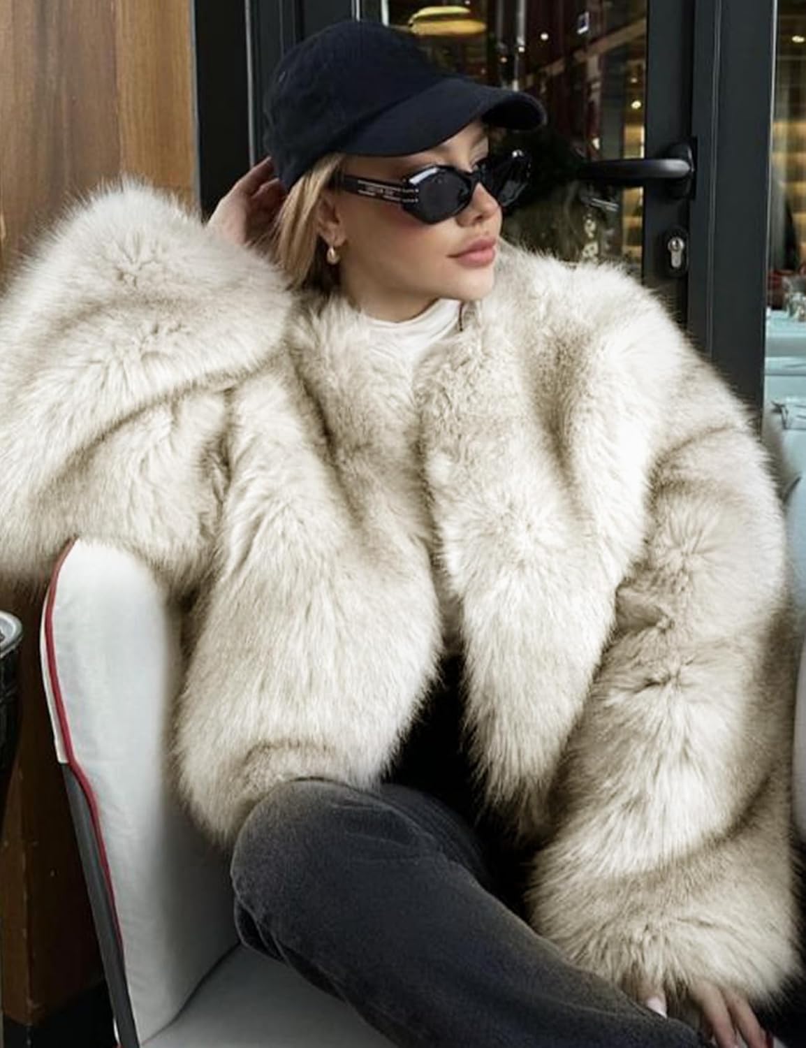 Wyeysyt Womens Faux Fur Coat Cropped Fur Jacket Fluffy Long Sleeve Open Front Fuzzy Winter Warm Outerwear - Image 4