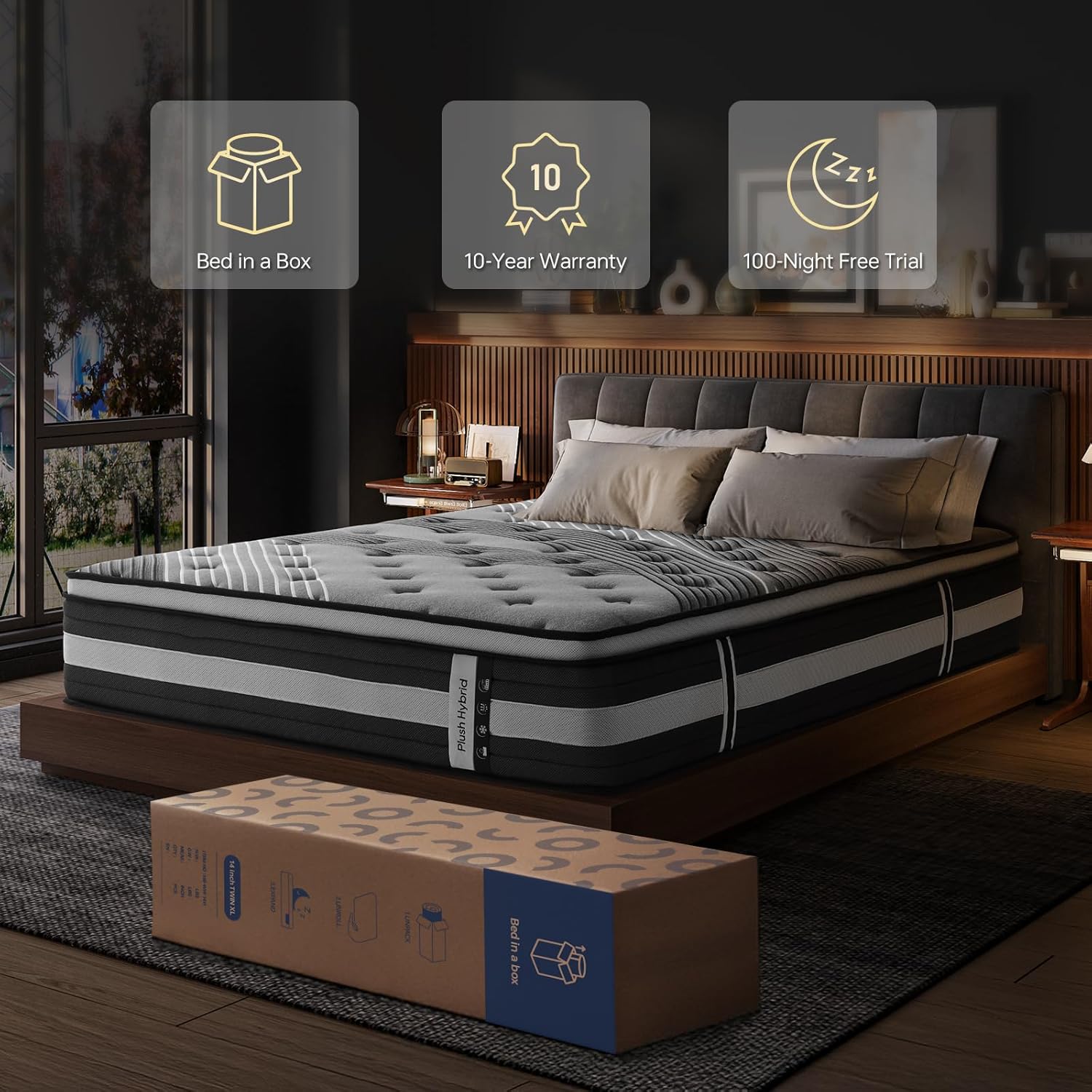 TWIN XL12 Inch Hybrid Mattress in a box, Medium-Plush Euro Top, ActiveCool Gel Memory Foam for Pressure Relief & Motion Isolation, Fiberglass-Free, CertiPUR-US Certified,Shadow 110-Night Trial