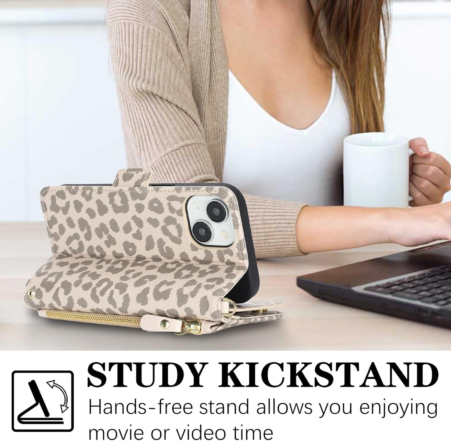 for iPhone 15 Phone Case Wallet with Crossbody Strap, Shoulder Necklace Lanyard,flip Cover PU Leather, for Women Men, Zipper Pocket, Kickstand, Card Holder, 6.1" Beige Leopard