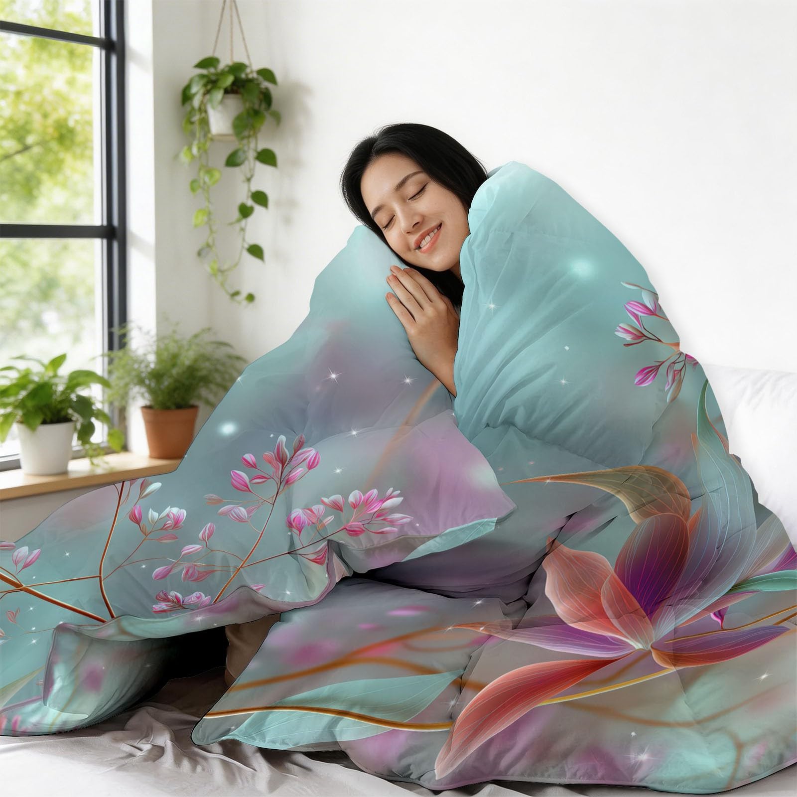 Set Trapunta 3 Pezzi 150x200 cm Piante fantasia fiori Piumone Letto 4 Stagioni, Trapuntino Anallergico Soffice, Copriletto Trapuntato Moderno per Adulti Bambini