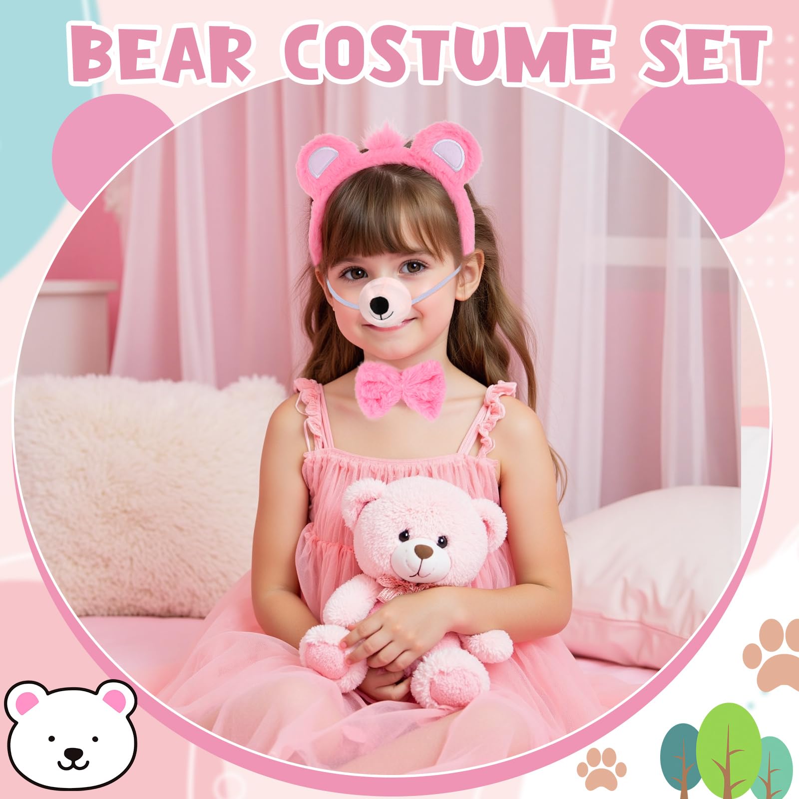 Hifot 4PCS Bear Costume Accessories, Furry Bear Ears Headband Nose Bow Tie and Tail Set - Image 2