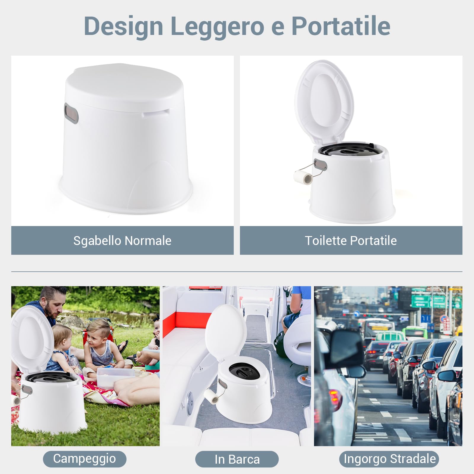 COSTWAY Toilette Portatile WC Chimico, WC da Viaggio Leggero con Secchio Interno Rimovibile,Water Portatile per Adulti e Anziani con Portarotolo, Supporto Carico 200 KG, 41 x 49 x 34 cm (Bianco)
