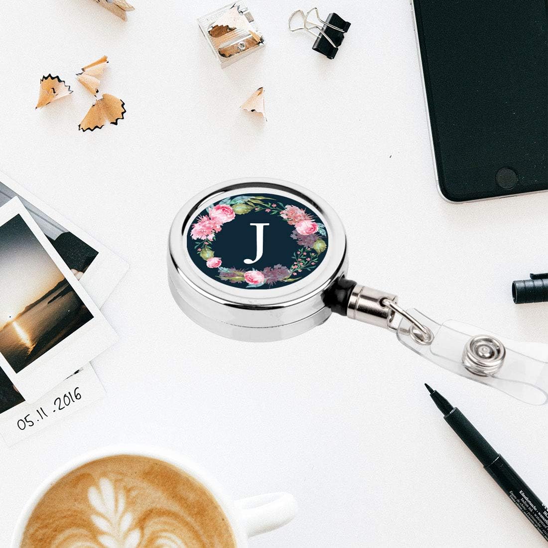 Andaz Press Retractable Badge Reel Holder with Clip, Heavy Duty Metal Name Tag Retractable ID Key Belt Clip Blush Pink Peonies Flowers, Floral Monogram J