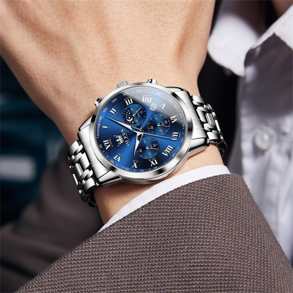 OLEVS Watches for Men Luxury Analog Quartz Big Face Stainless Steel Multifunctional Waterproof Date Two Tone Fashion Dress Wrist Watches for Man